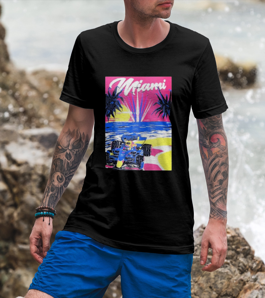 Max Verstappen Formula 1 Miami Sunset Palms Racing Scene T-Shirt