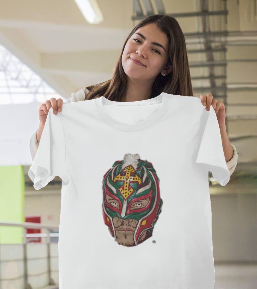 Men's Black Rey Mysterio Mask Face With Colorful Wrestling Headdress And Cross T-Shirt