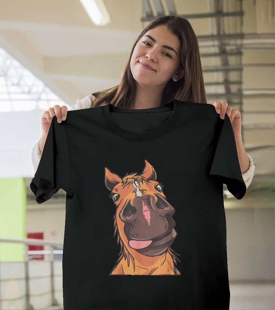 Funny Horse Riding Goofy Cartoon Horse Face T-Shirt