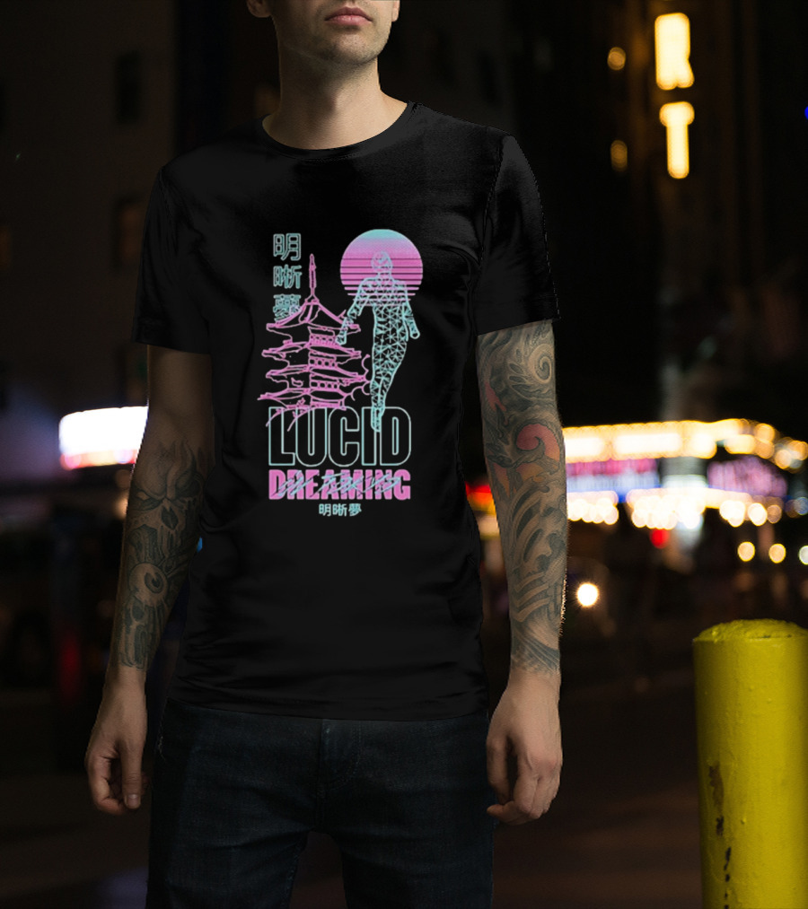 Lucid Dreaming Tokyo Japan Neon Pagoda And Wireframe Figure T-Shirt