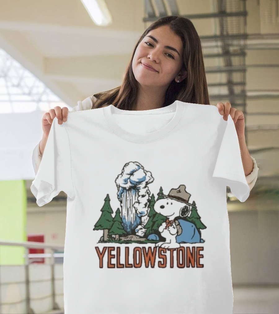 Peanuts Snoopy Yellowstone Camping Scene with Geyser and Forest T-Shirt
