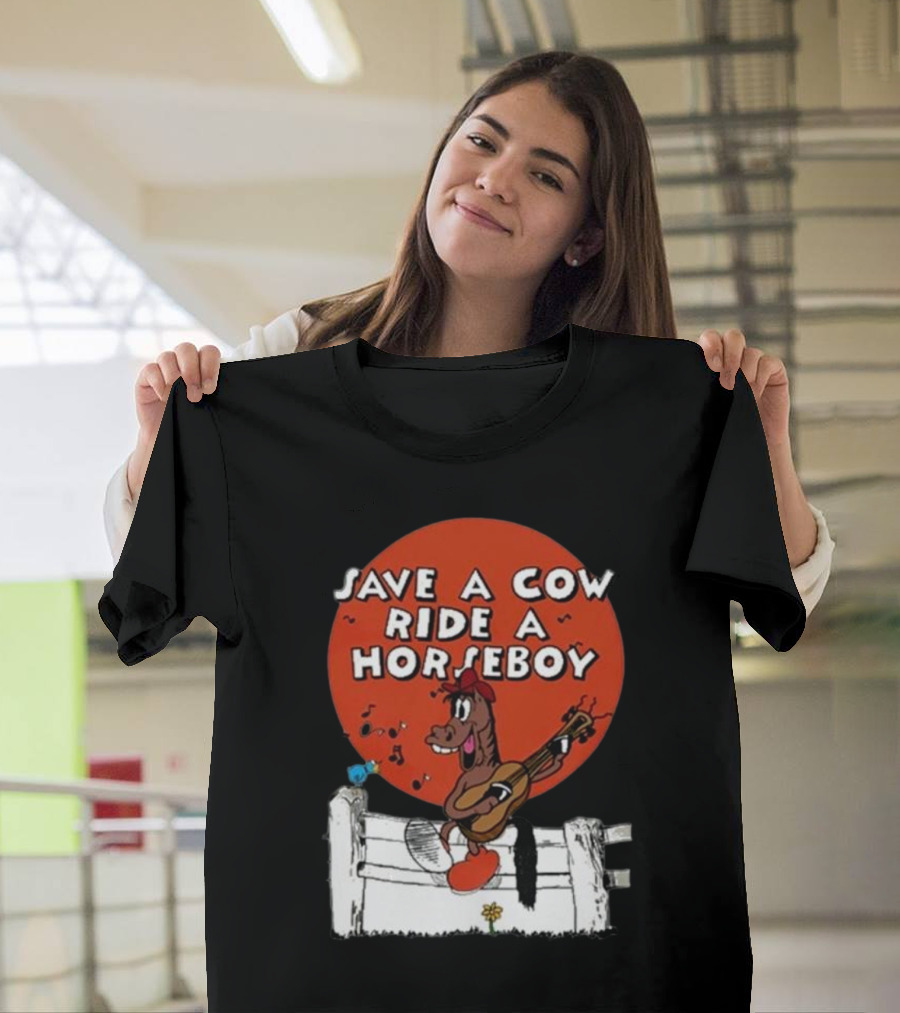 Save A Cow Ride A Horseboy Cartoon Horse Playing Guitar T-Shirt