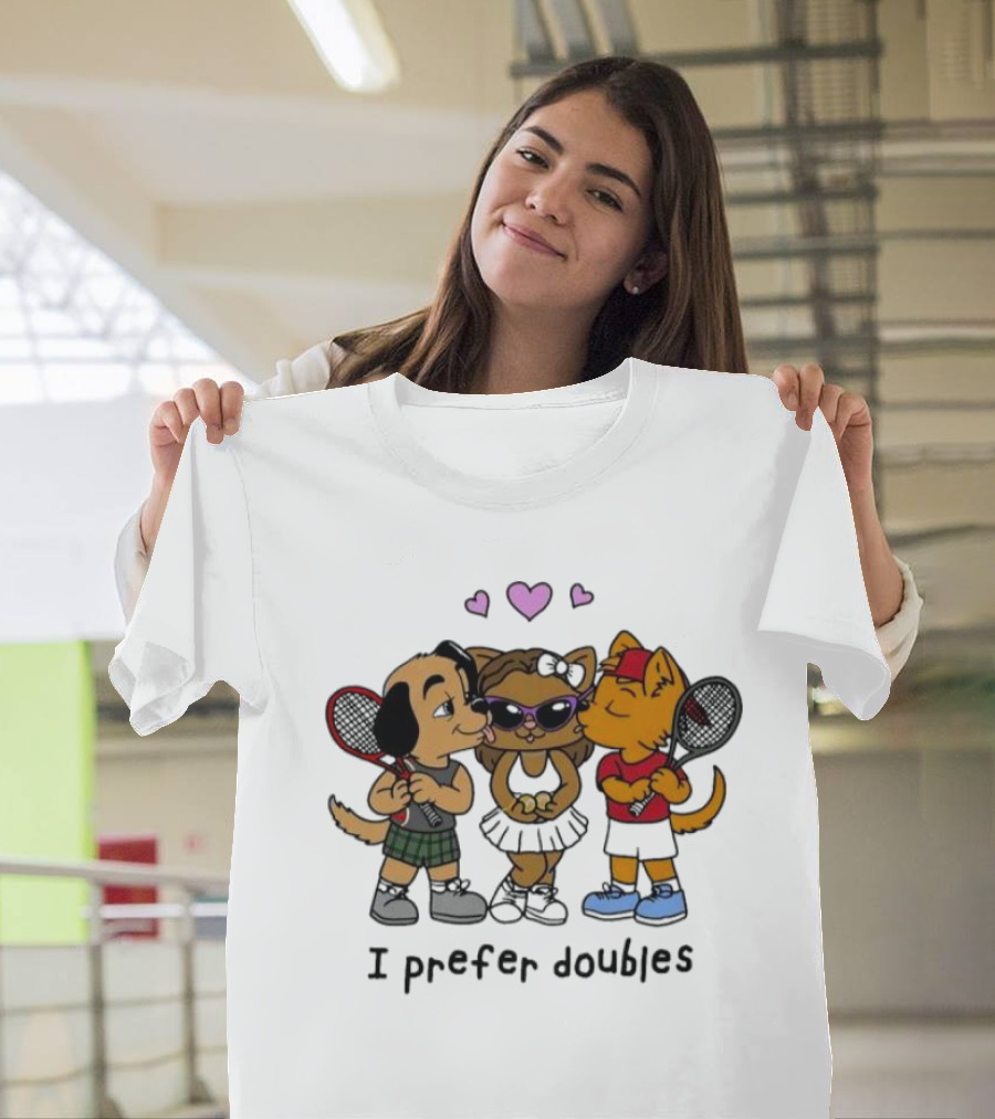 I Prefer Doubles Cute Animals with Tennis Rackets and Hearts T-Shirt