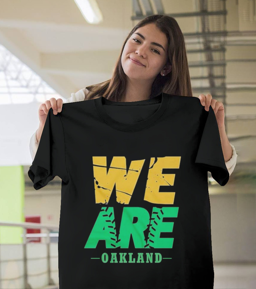 WE ARE OAKLAND Yellow Green Text Baseball Seam T-Shirt
