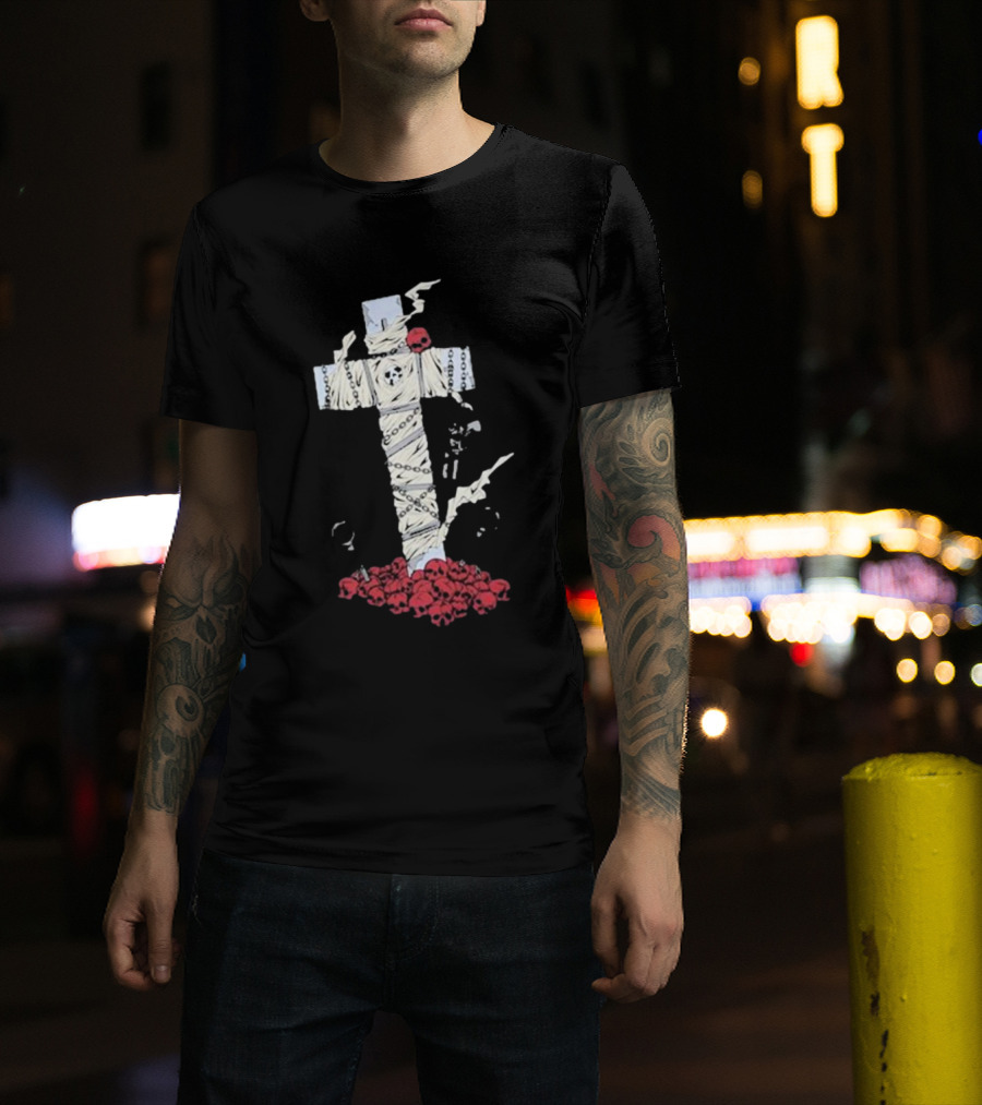 Steady-Hands Wrapped Cross With Chains And Skulls T-Shirt