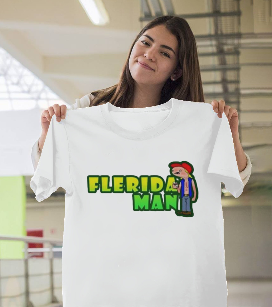 Flerida Man Beer Drinking Cartoon Character With Red Cap And Green Letters T-Shirt