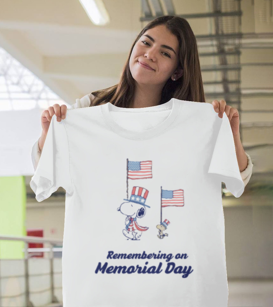 Snoopy Remembering on Memorial Day with American Flags T-Shirt