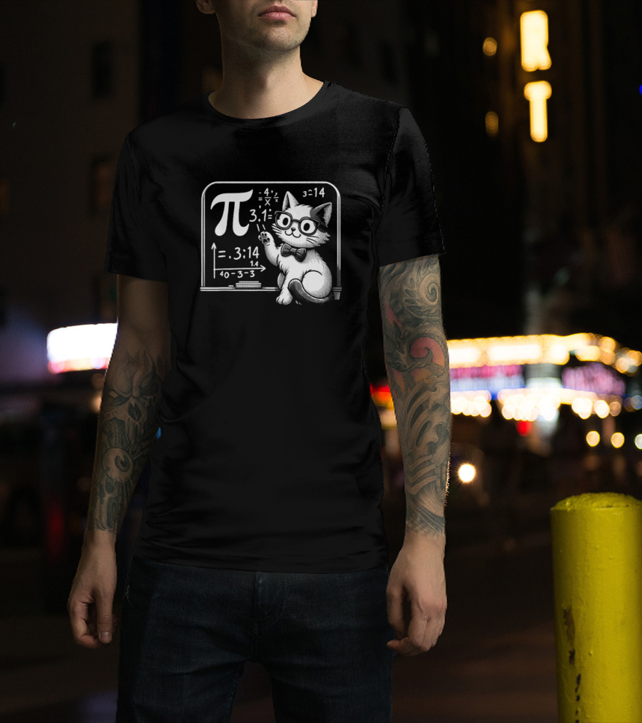 Pi 3.14 Cat With Glasses And Chalkboard Equations T-Shirt
