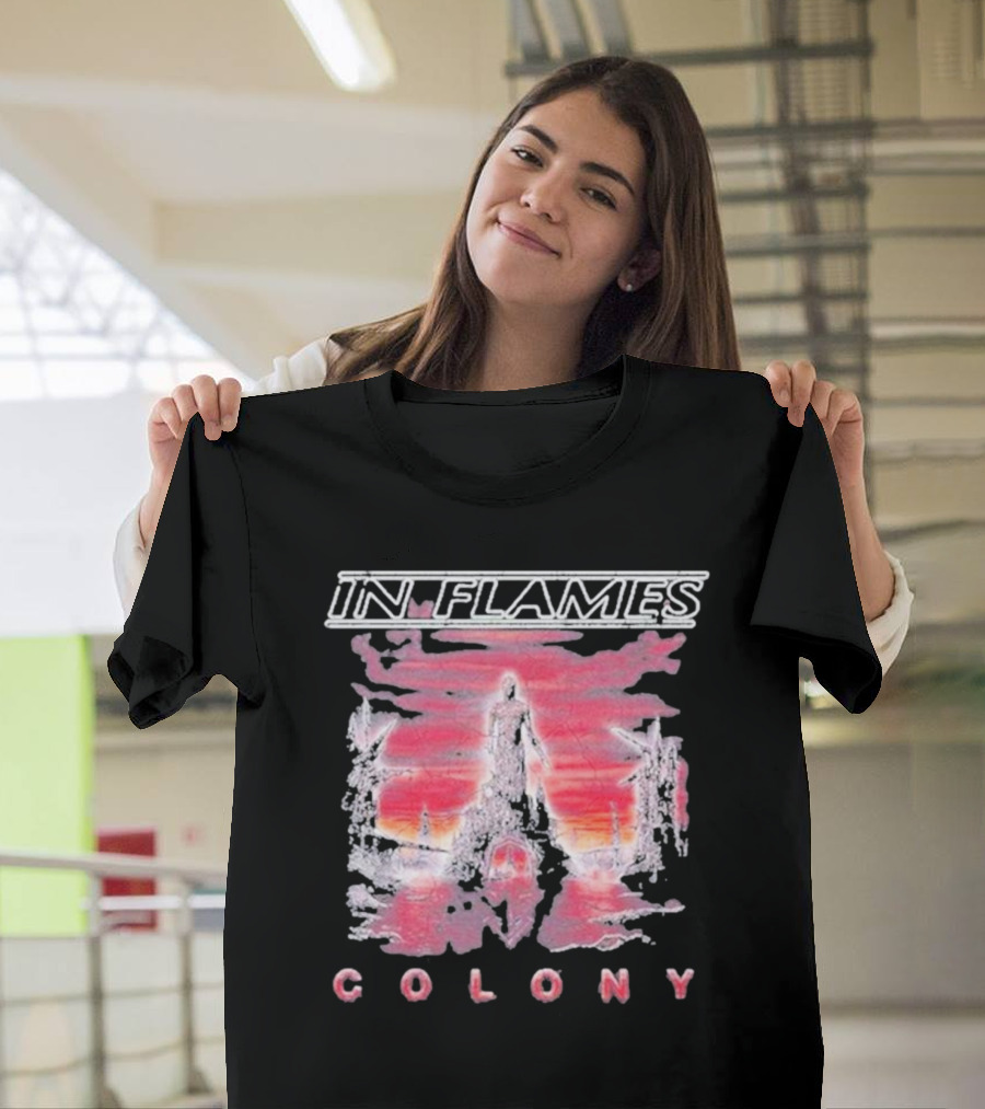 In Flames Colony Silhouette And Abstract Pink Brushstrokes T-Shirt