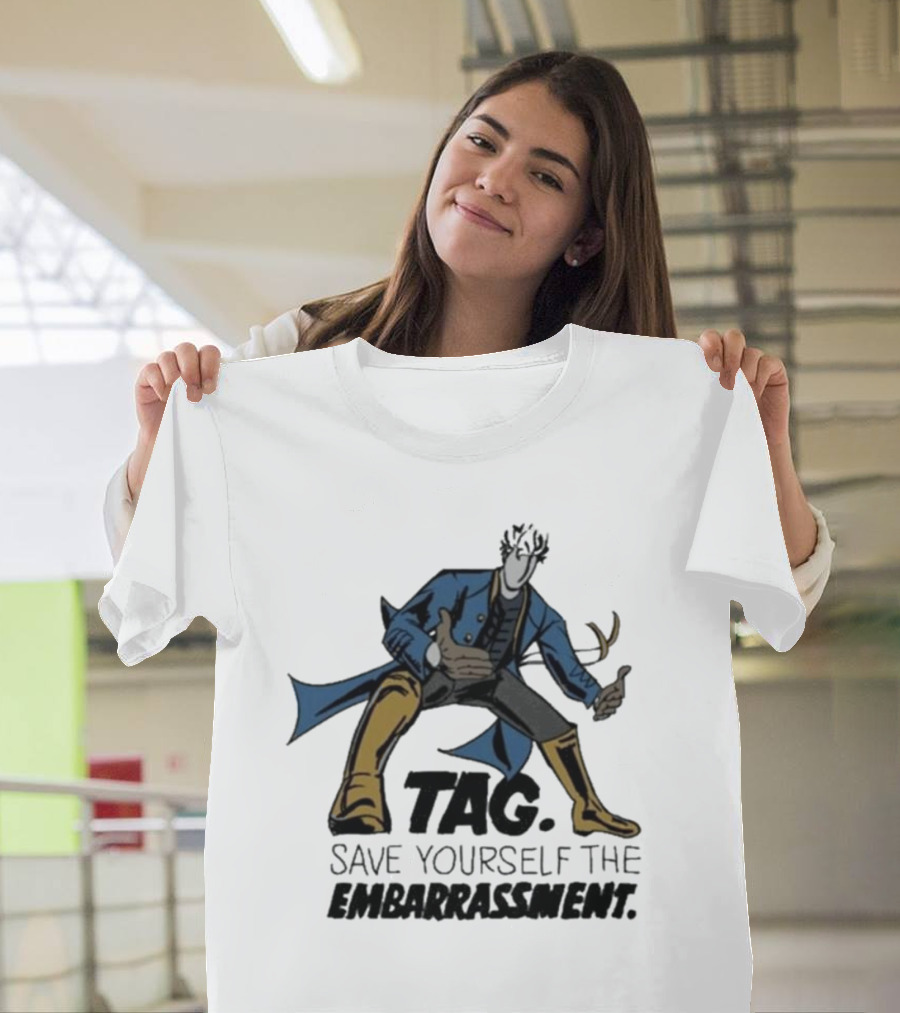 TAG Save Yourself The Embarrassment Mysterious Figure with Blue Coat and Yellow Boots T-Shirt