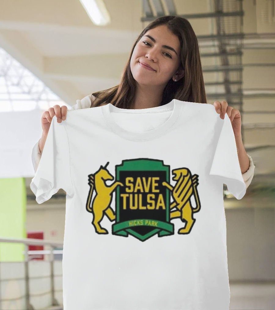 Save Tulsa Kicks Park Yellow Lion And Griffin Shield T-Shirt