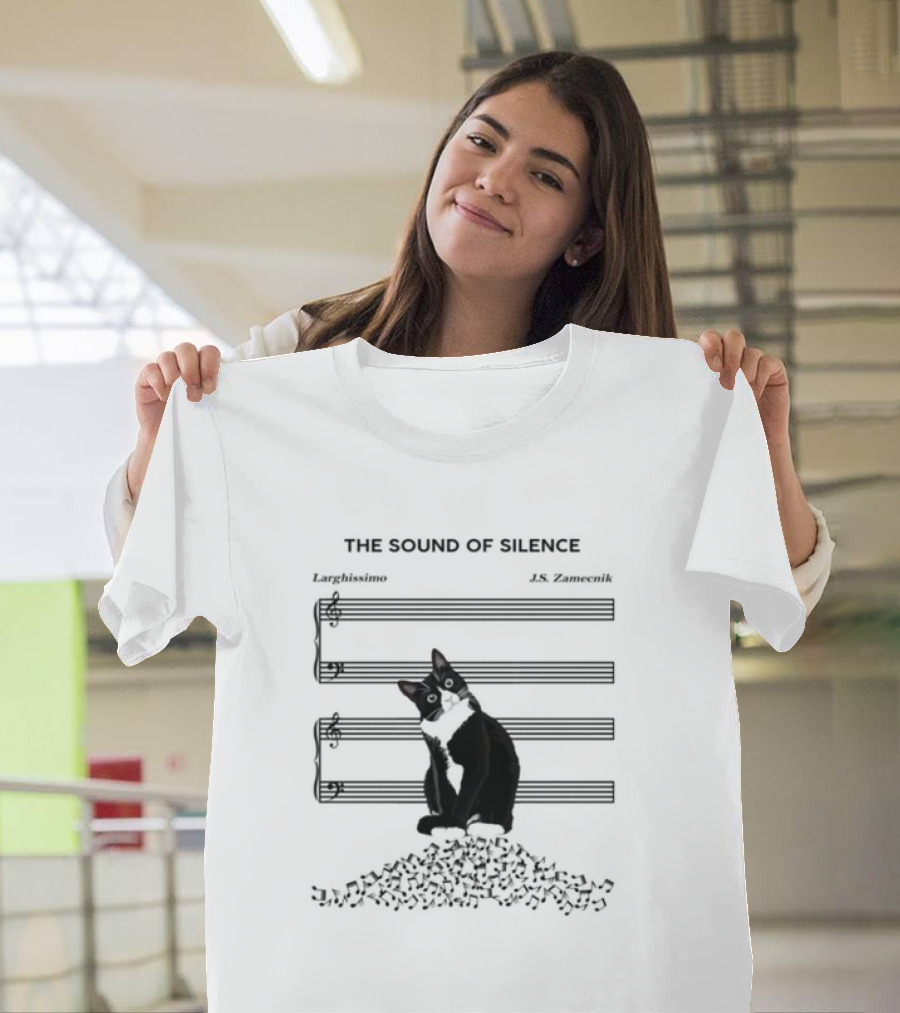Black Cat Sitting On Music Notes The Sound Of Silence J.S. Zamecnik Larghissimo T-Shirt