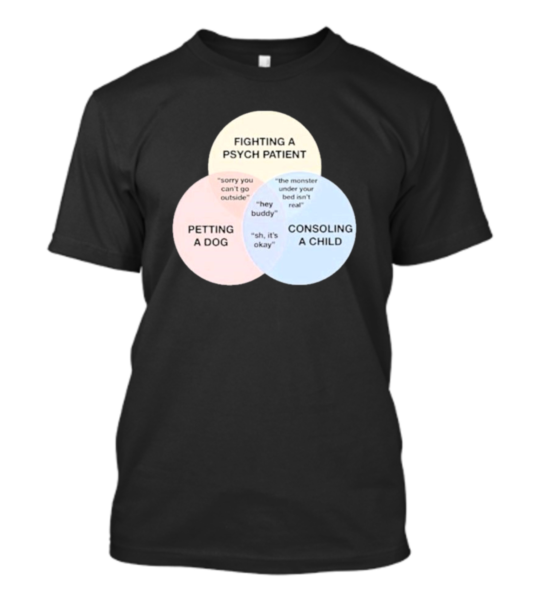 Fighting A Psych Patient Petting A Dog Consoling A Child Sorry You Can't Go Outside Hey Buddy Sh It's Okay The Monster Under Your Bed Isn't Real T-Shirt