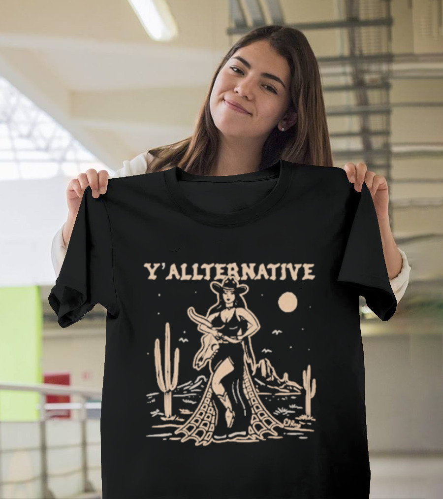 Y'allternative Cowgirl Desert Night Scene with Cacti and Mountains T-Shirt