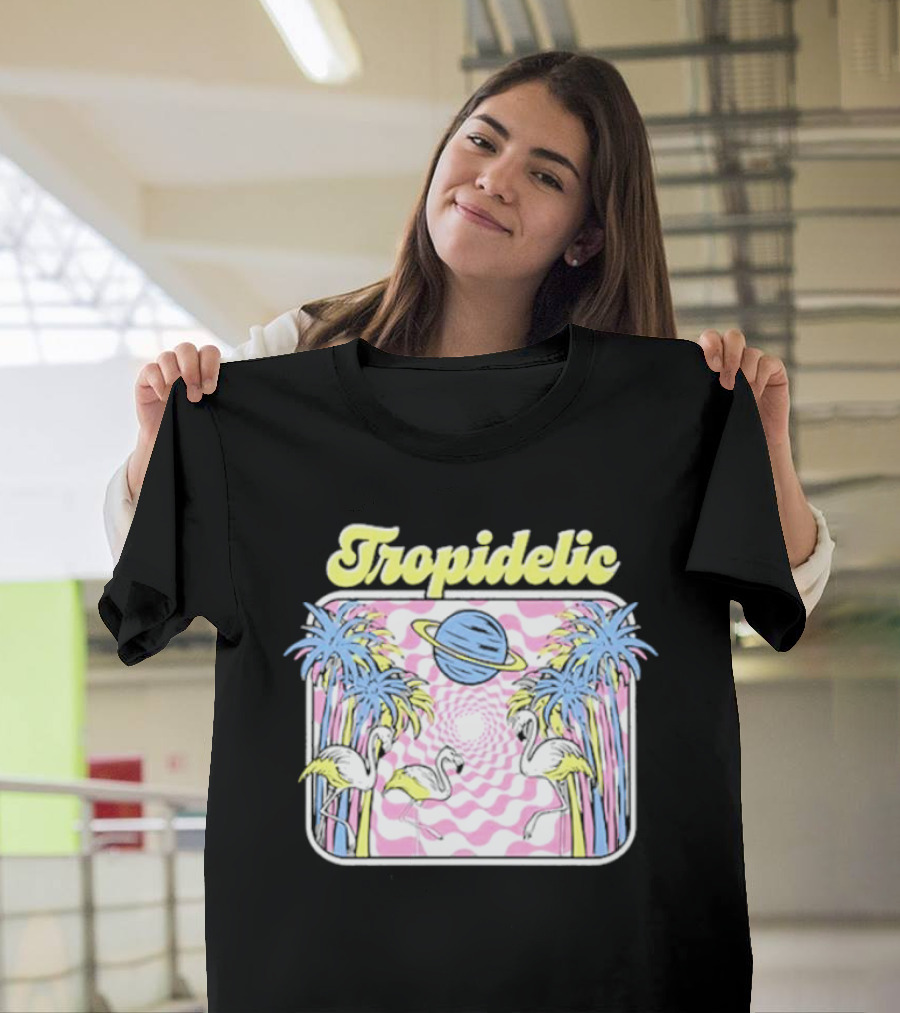 Tropidelic Flamingo with Space Vibes and Palm Trees T-Shirt