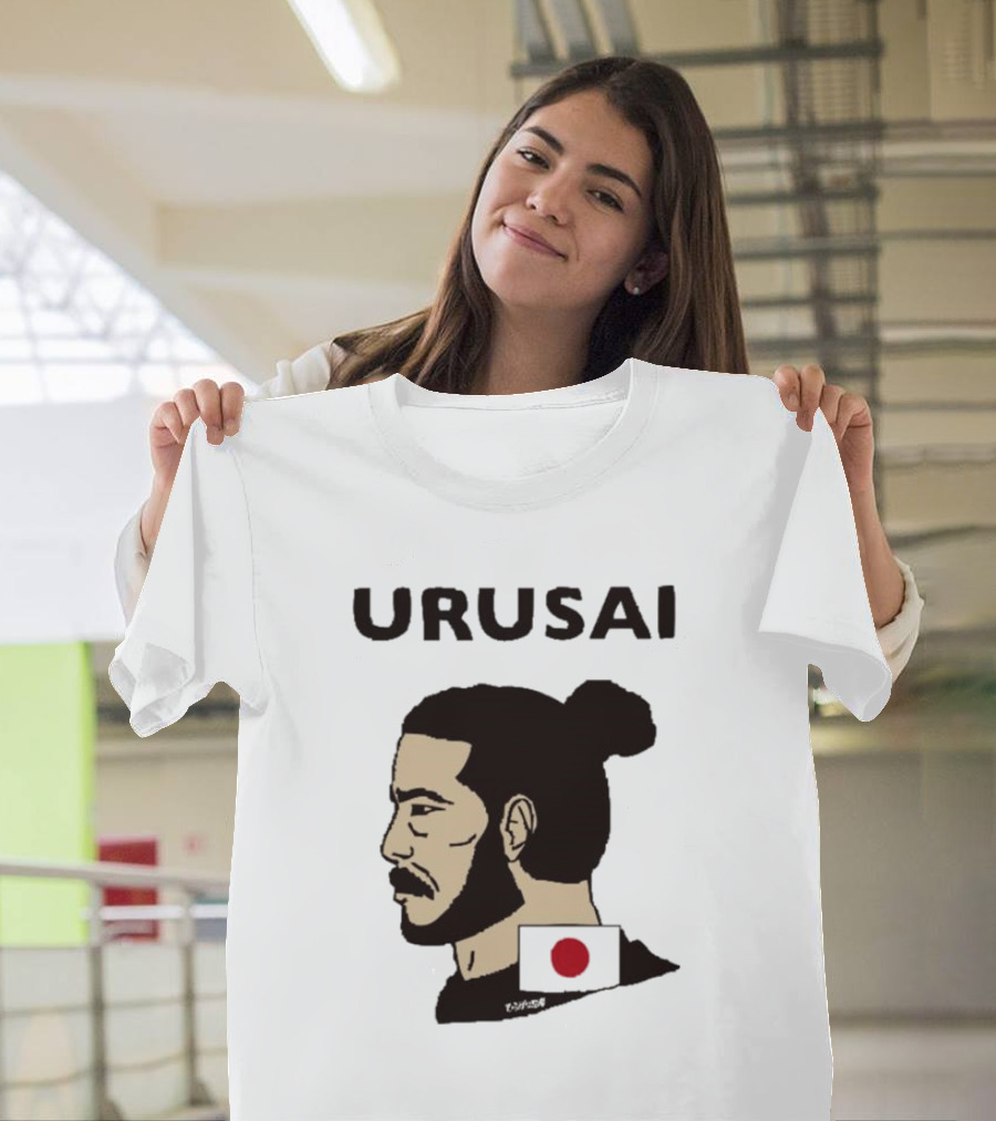 URUSAI Hiragana Ninja Japan Samurai Man Bun Profile with Flag T-Shirt