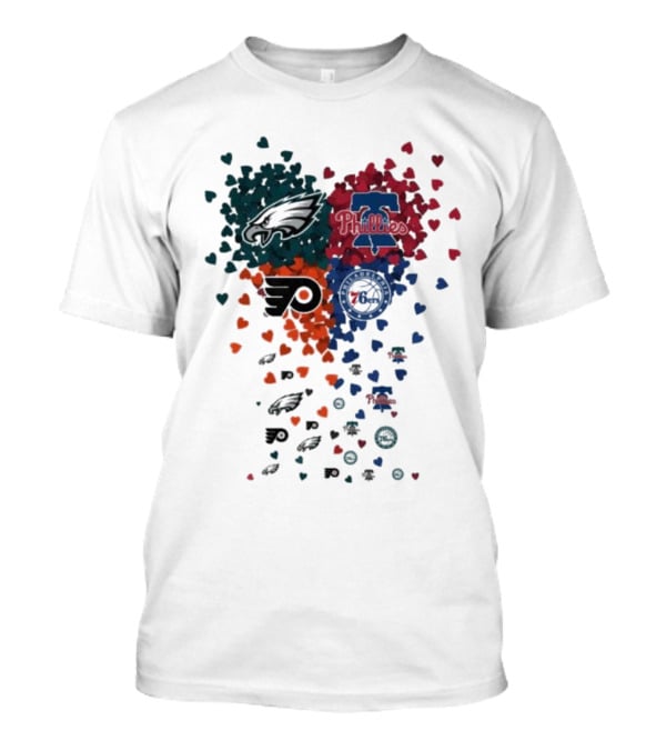Philadelphia Eagles Phillies Flyers 76ers Logos And Hearts T-Shirt
