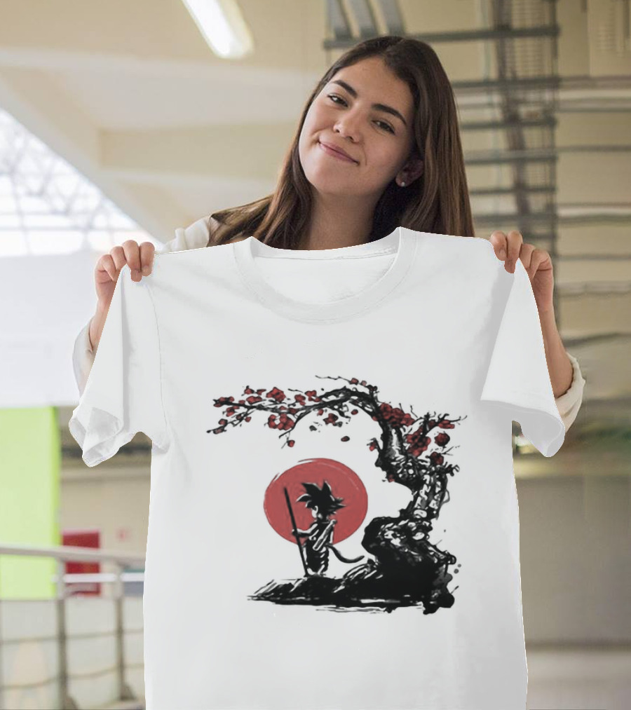 Son Goku Saiyan Solitude Beneath Cherry Blossom and Sun T-Shirt