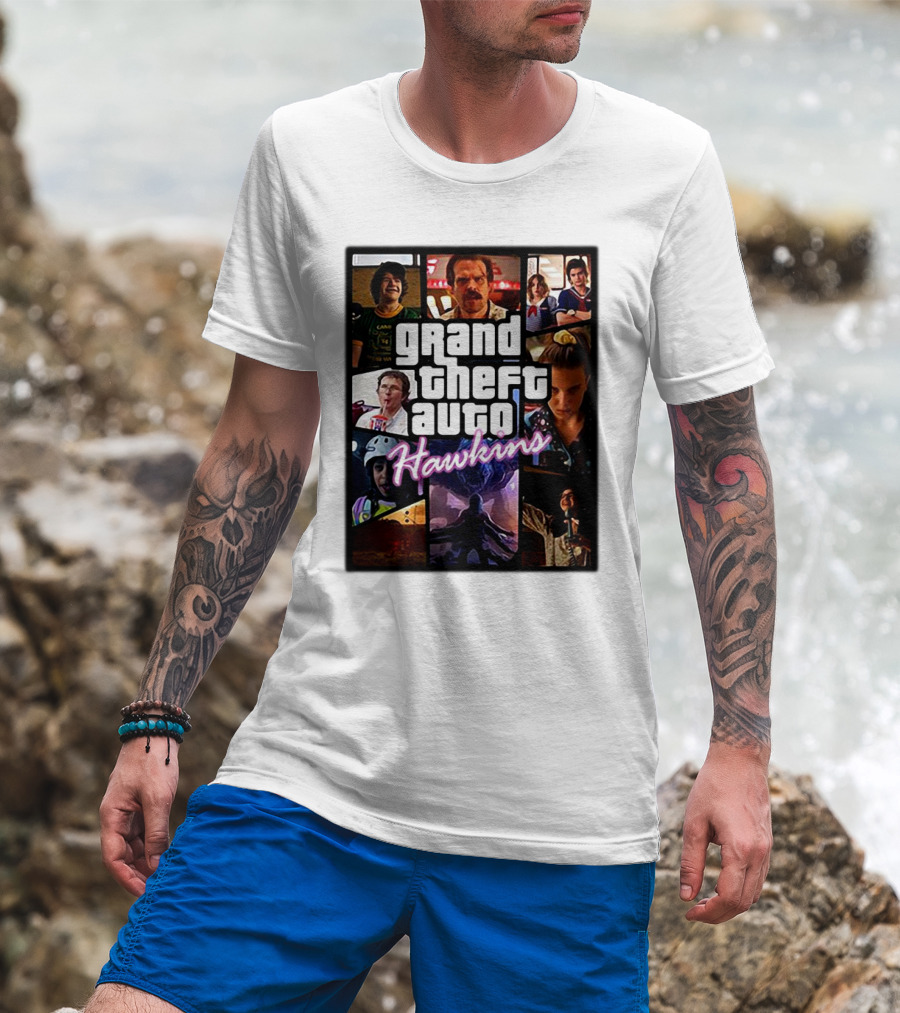 Stranger Things 3 Grand Theft Auto Hawkins Vintage Style Collage T-Shirt