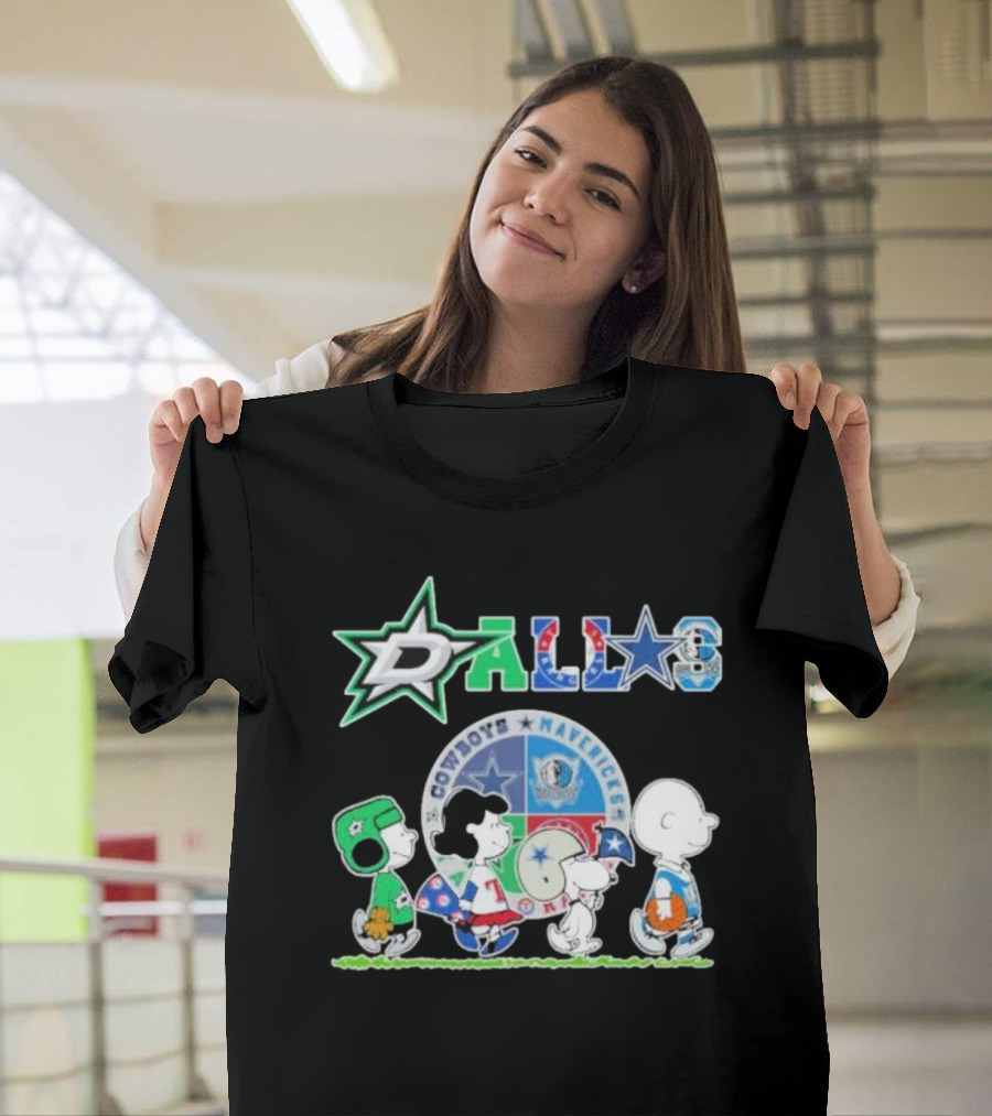 Peanuts Characters Walking With Dallas Cowboys Mavericks Stars T-Shirt