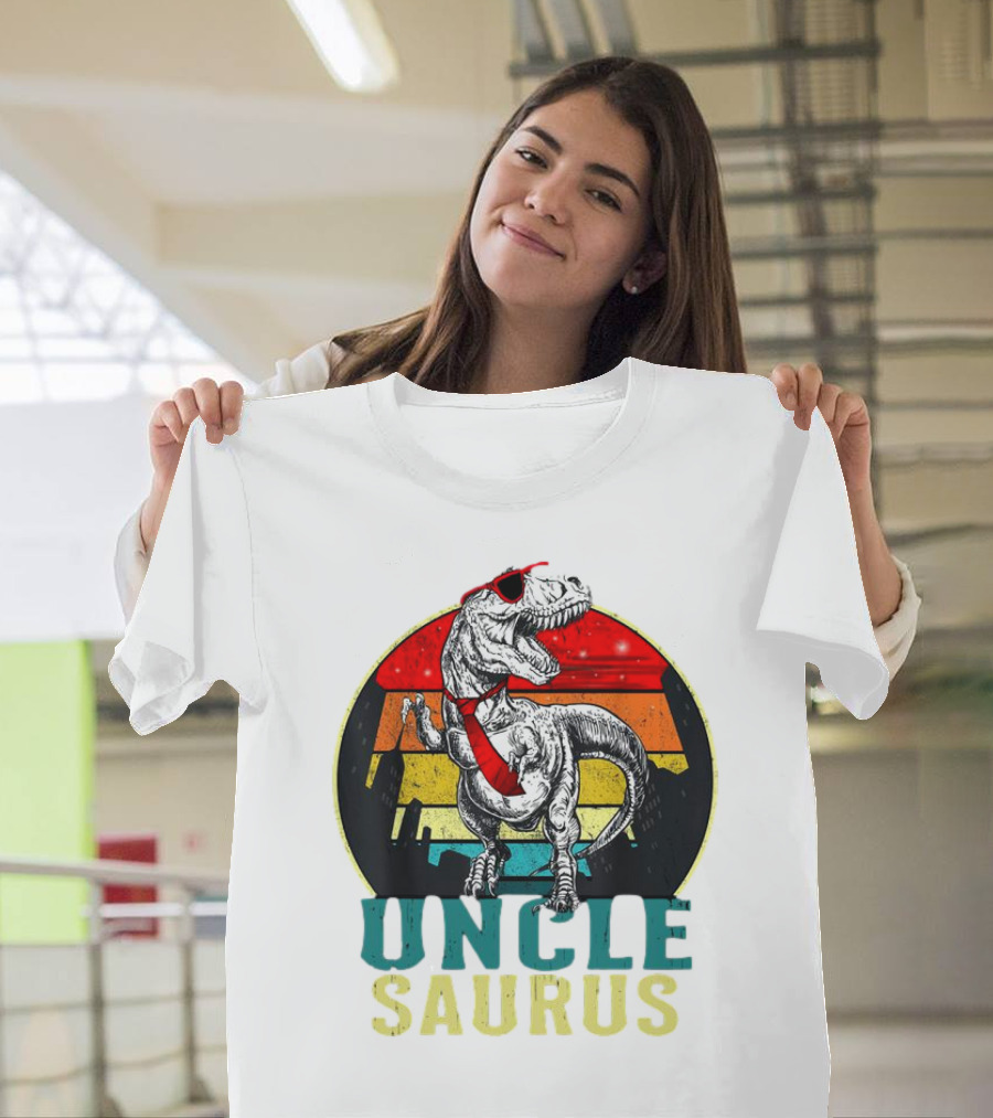 Uncle Saurus Rex Dinosaur with Sunglasses and Red Tie Fathers Day T-Shirt