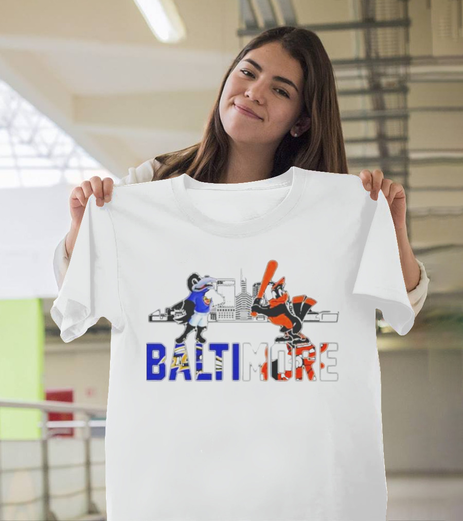 Baltimore Ravens And Orioles Mascot Skyline T-Shirt