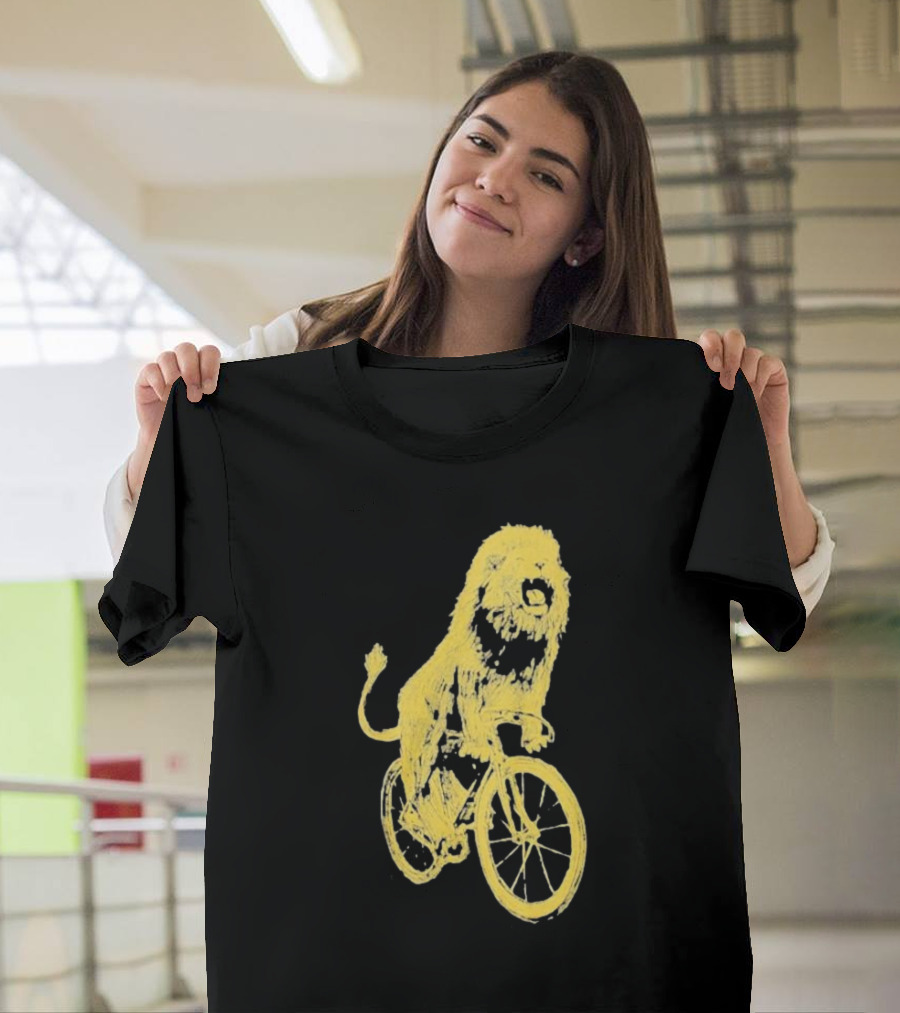 Lion Riding Bicycle Sketch Yellow T-Shirt