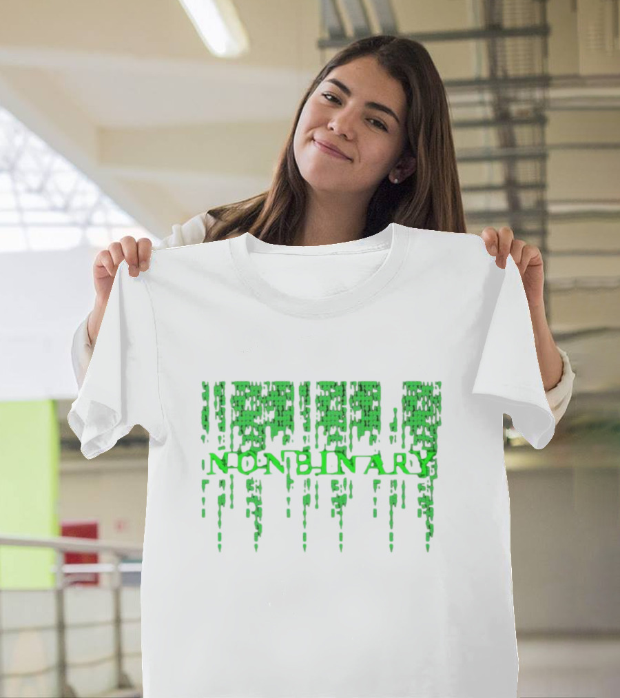Non Binary Code Matrix-Inspired Green Text T-Shirt