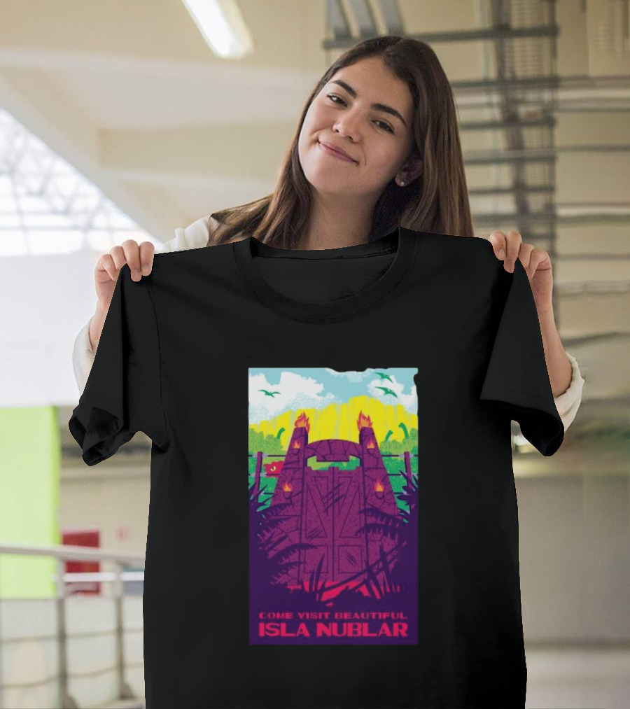 Come Visit Beautiful Isla Nublar Jurassic Park Gate Scene Vibrant T-Shirt