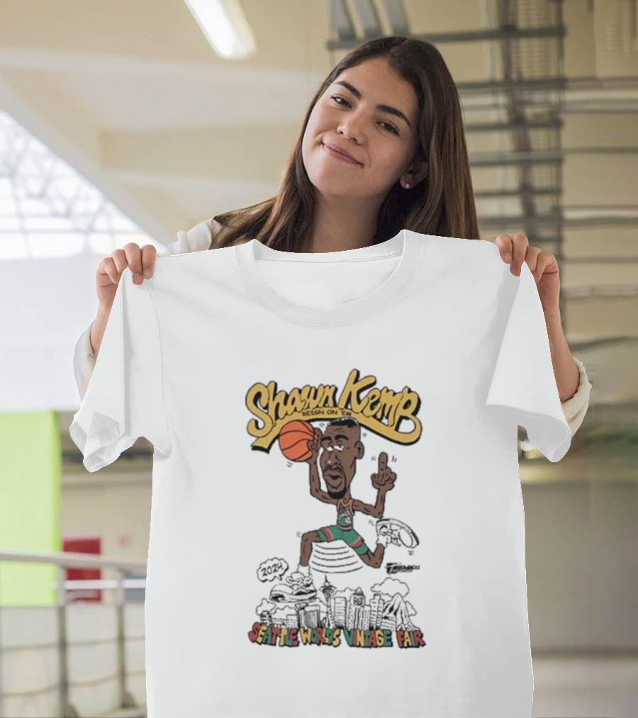Shawn Kemp 2024 Seattle World's Vintage Fair Basketball Dunking Skyline Caricature T-Shirt
