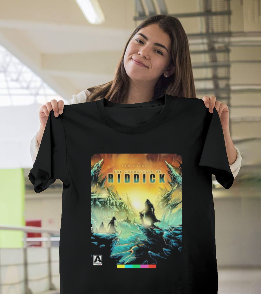 Vin Diesel The Chronicles Of Riddick Cover Art Poster With Mysterious Figures And Alien Landscape T-Shirt
