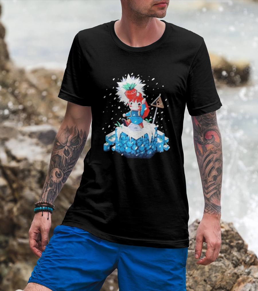 The Yetee Celeste 64 Pixel Adventure Character With Strawberry And Flag On Ice Mountain T-Shirt