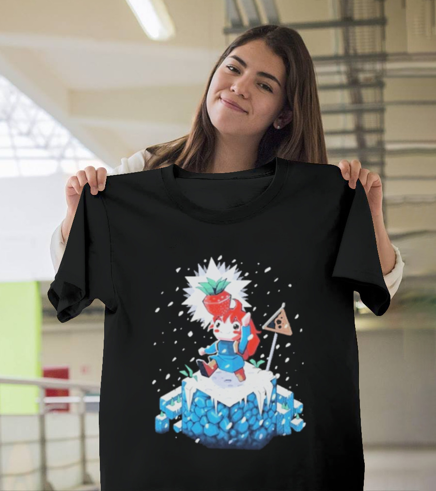 The Yetee Celeste 64 Pixel Adventure Character with Strawberry and Flag on Ice Mountain T-Shirt