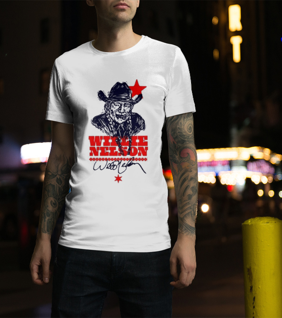 Willie Nelson Woodcut Cowboy Hat Red Star T-Shirt