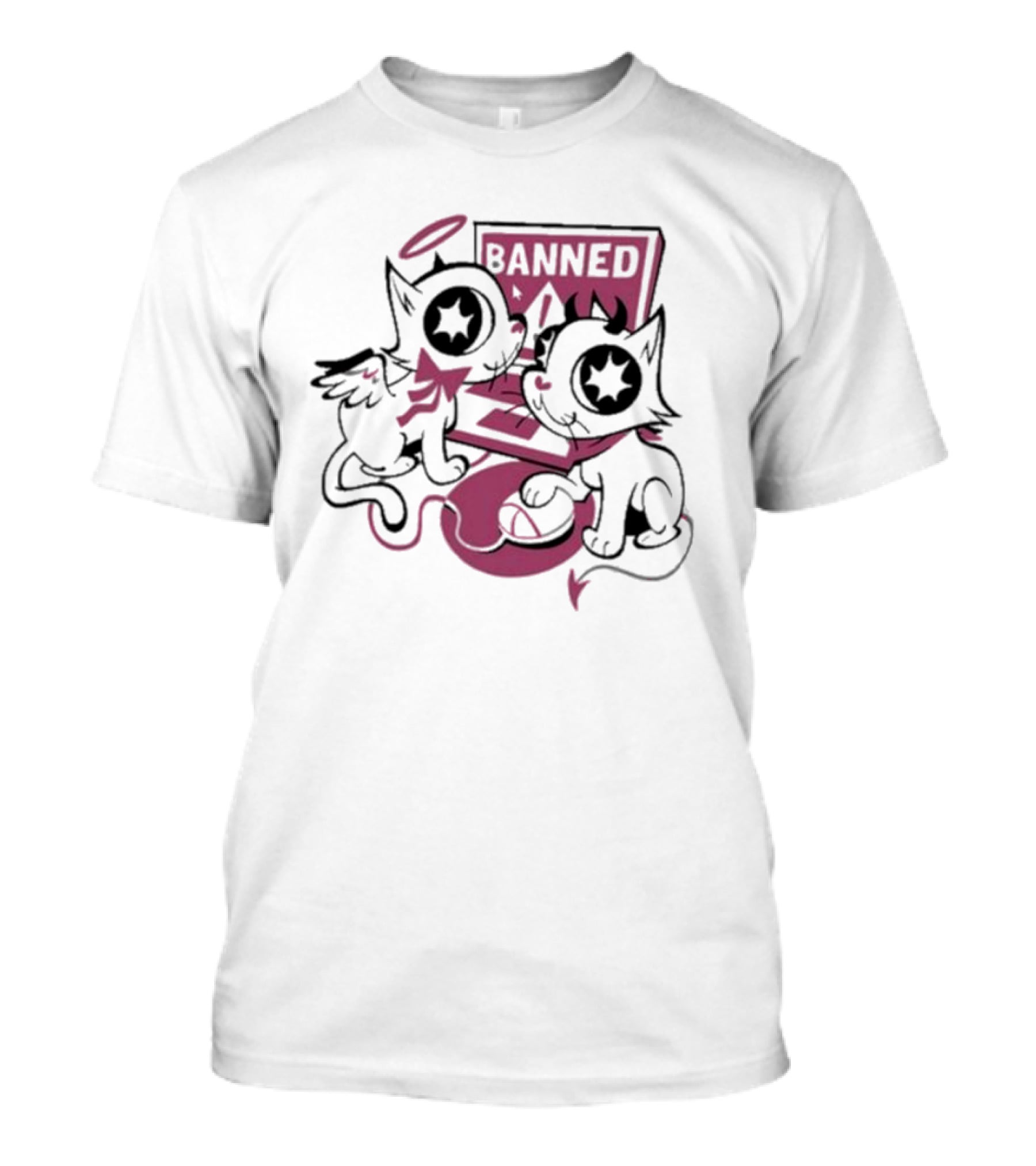 Sinjin Banned Angel Devil Cats With Starry Eyes Sitting By Computer T-Shirt