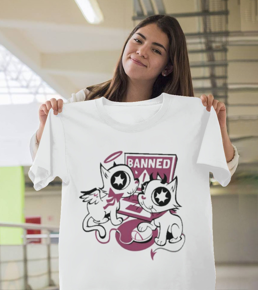 Sinjin Banned Angel Devil Cats with Starry Eyes Sitting by Computer T-Shirt
