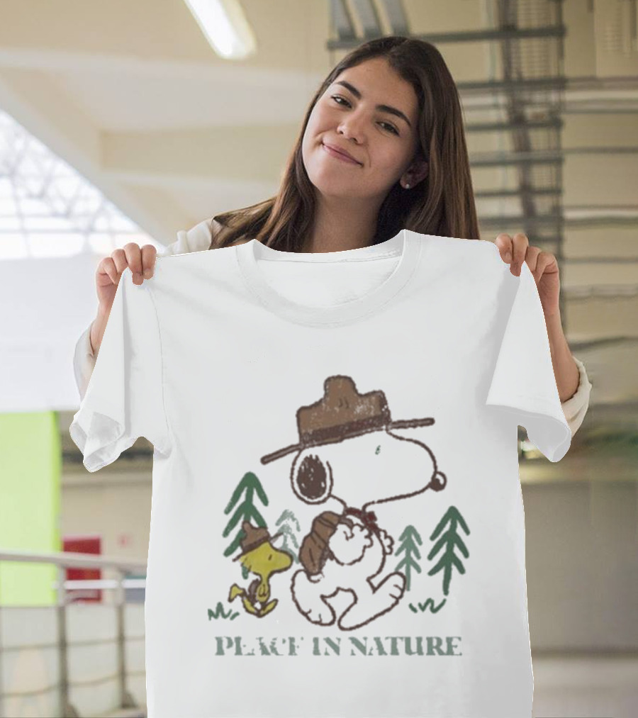 Snoopy Peace in Nature with Woodstock and Trees T-Shirt