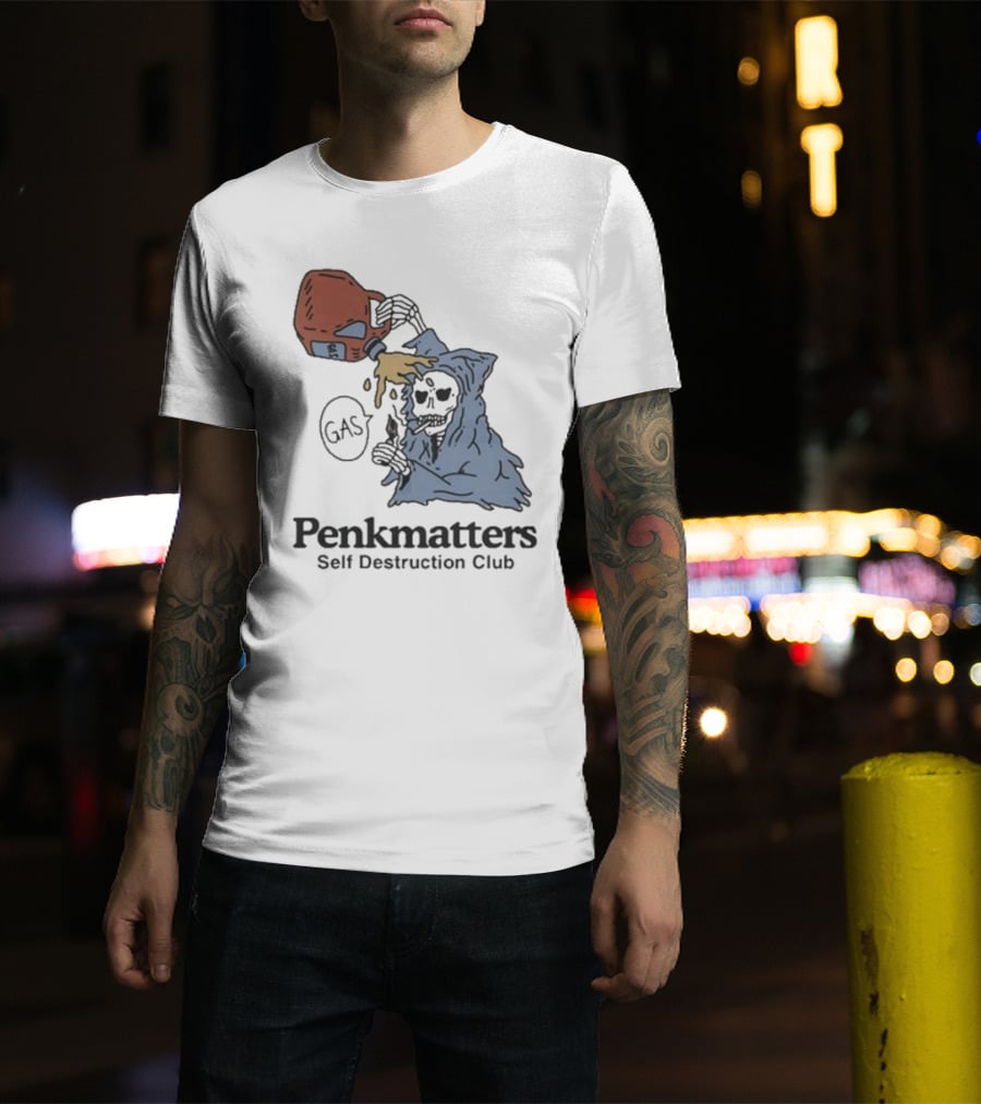 Penkmatters Self Destruction Club Gas Can Pouring On Hooded Figure T-Shirt