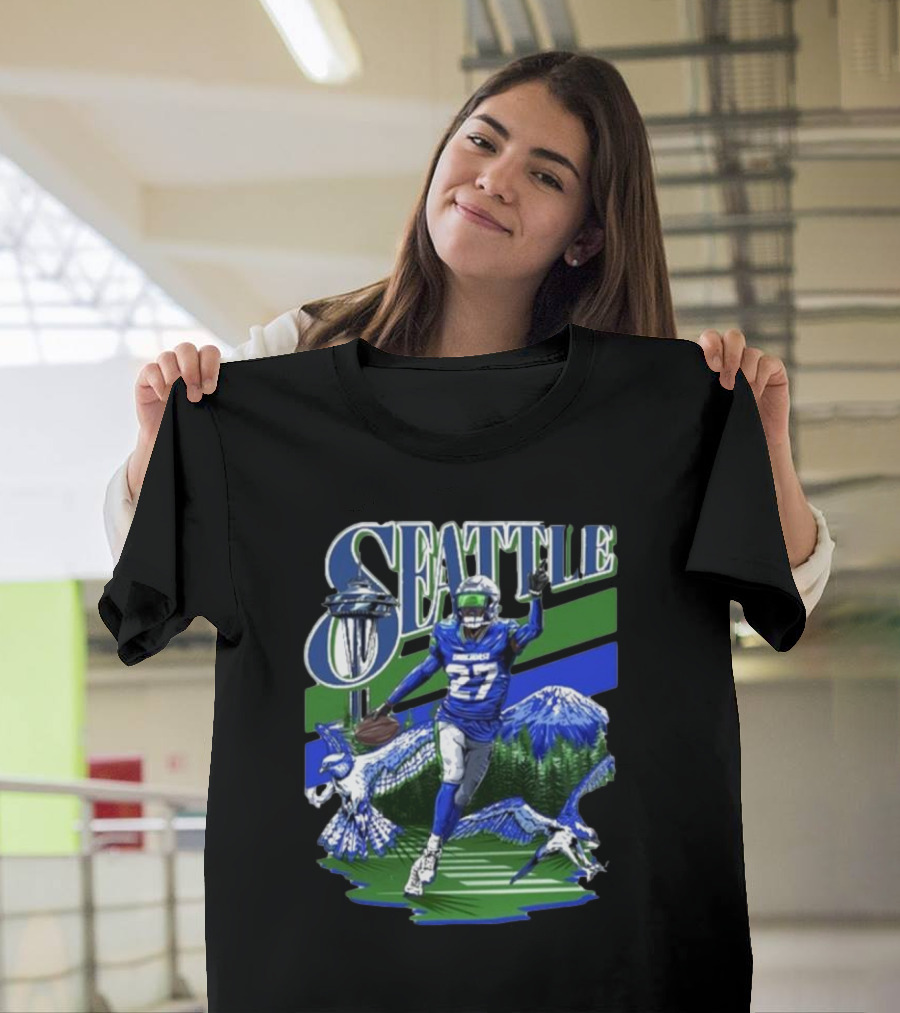 Seattle Seahawks Tariq Woolen Number 27 with Space Needle and Mountain Background T-Shirt