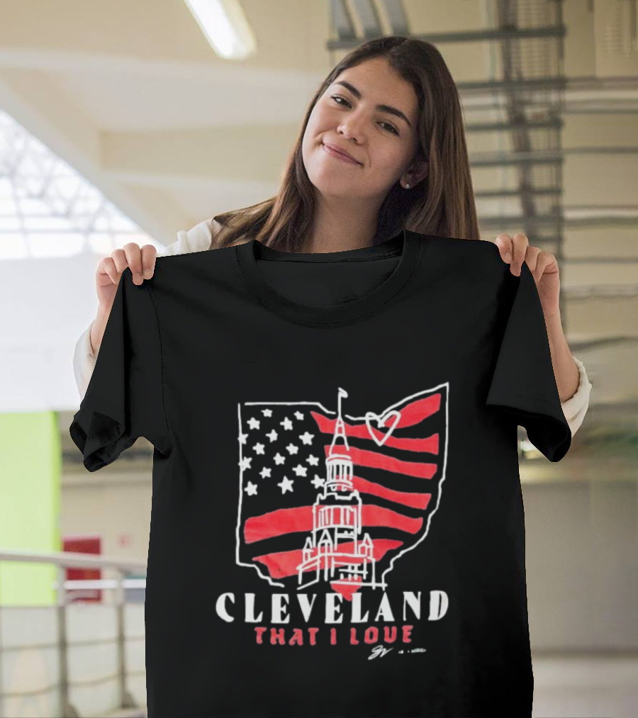 Cleveland That I Love American Flag Tower Ohio Heart Stars Stripes T-Shirt
