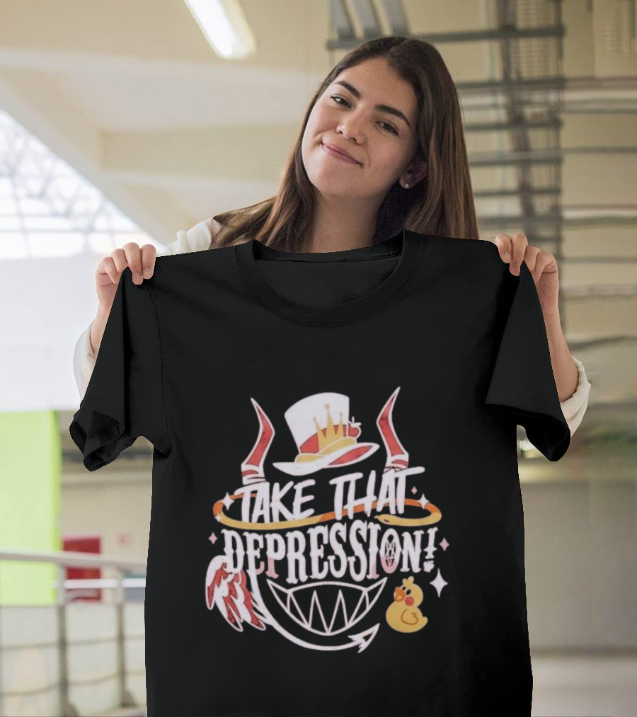 Take That Depression 2024 Hazbin Hotel Crowned Top Hat Winged Grinning Rubber Duck T-Shirt