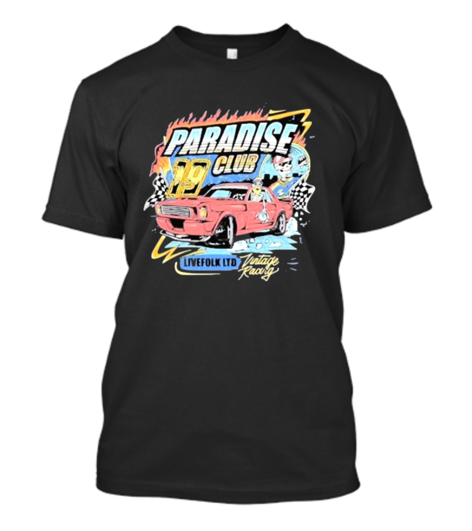 Paradise Club 19 Livefolk Ltd Vintage Racing Skeleton Racer Car Checkered Flags T-Shirt