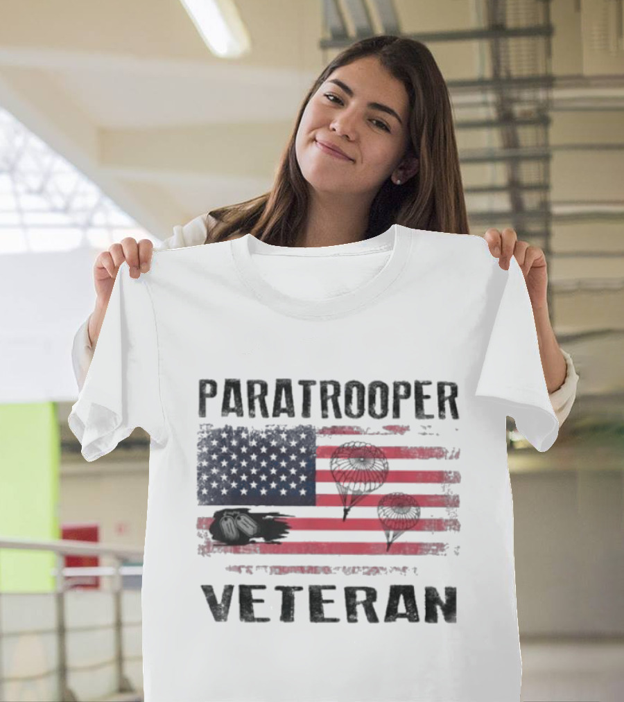 Paratrooper Veteran US Flag Tribute With Airborne T-Shirt