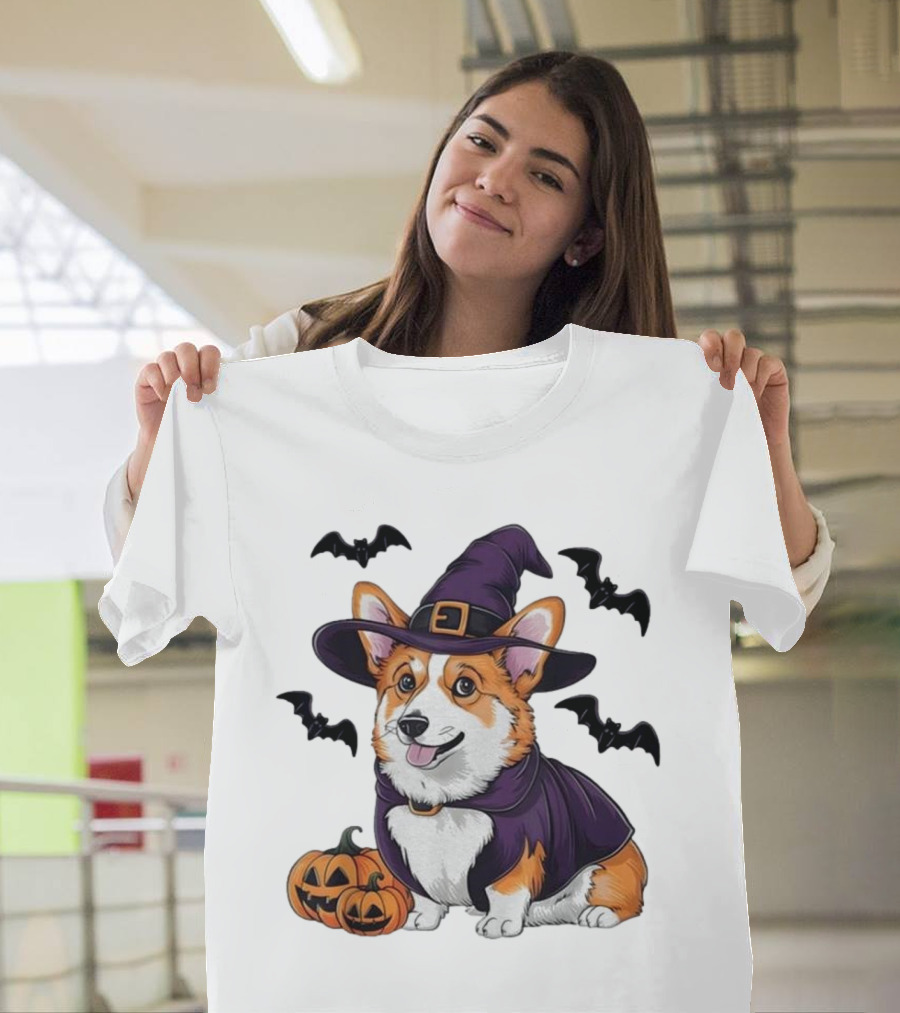 Halloween Corgi In Witch Hat With Pumpkins And Bats T-Shirt
