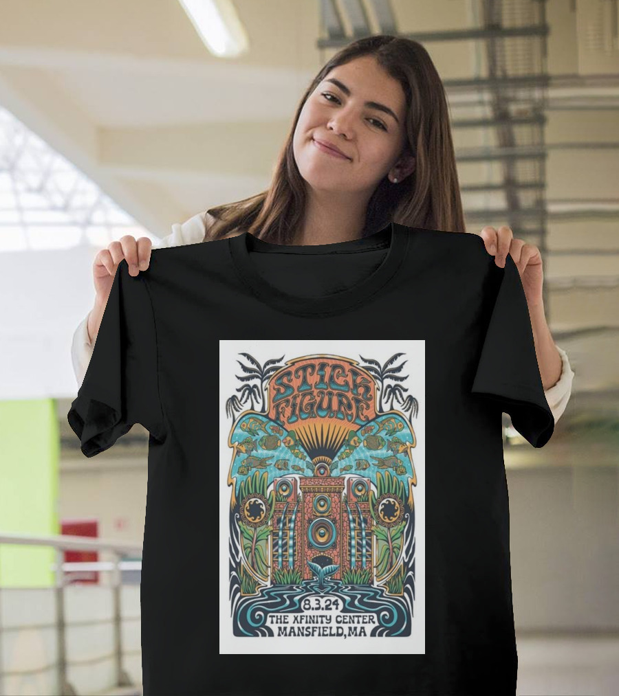 Stick Figure Concert Poster The Xfinity Center Mansfield MA August 3 2024 Psychedelic Art with Fish and Speaker T-Shirt