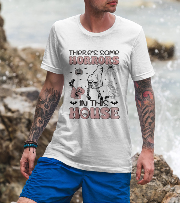 There's Some Horrors In This House Funny Ghost Halloween With Dancing Ghosts, Bat, Spider, And Pumpkin T-Shirt