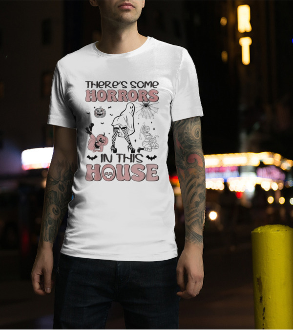 There's Some Horrors In This House Funny Ghost Halloween With Dancing Ghosts, Bat, Spider, And Pumpkin T-Shirt