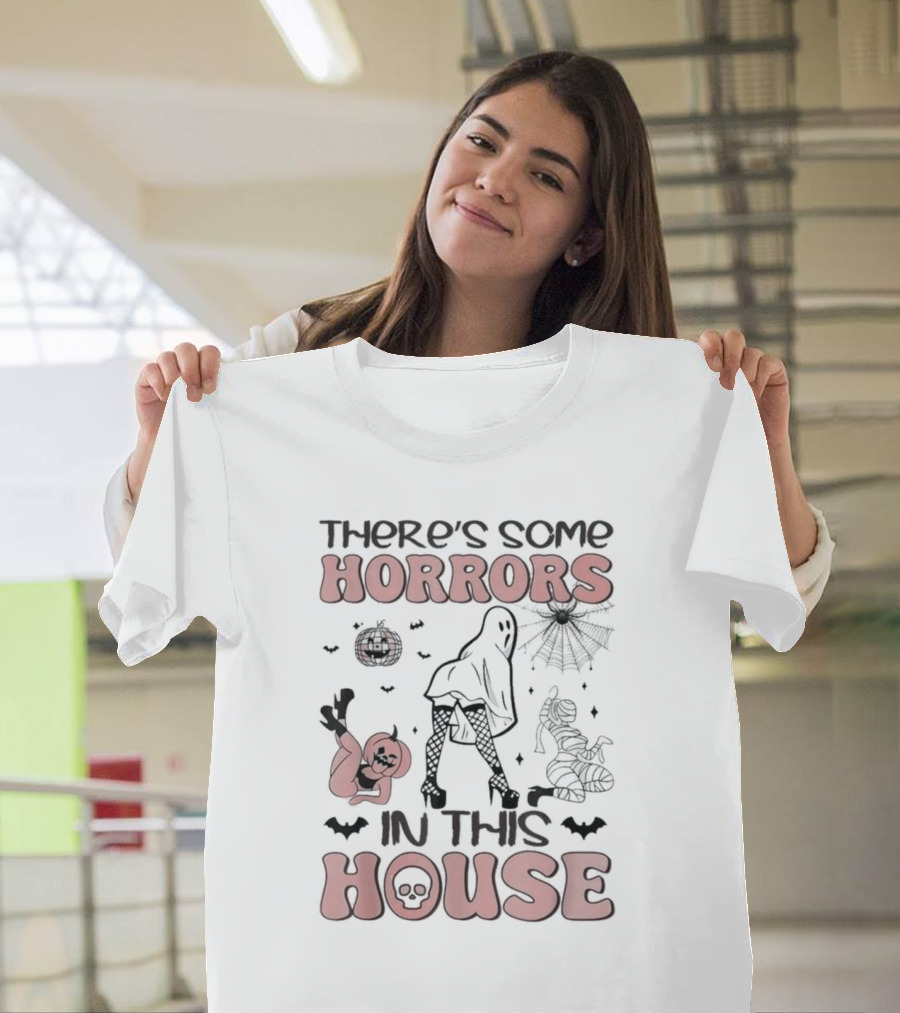 There's Some Horrors in This House Funny Ghost Halloween with Dancing Ghosts, Bat, Spider, and Pumpkin T-Shirt