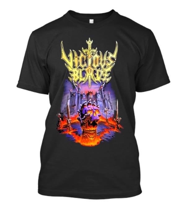Vicious Blade Skull Fortress With Flaming Swords T-Shirt