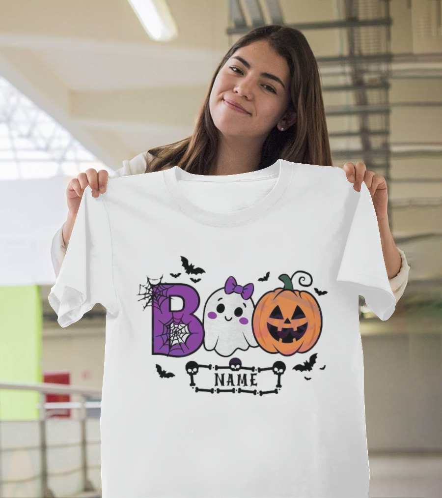 Boo Name Ghost Pumpkin Halloween Spiders Bats T-Shirt